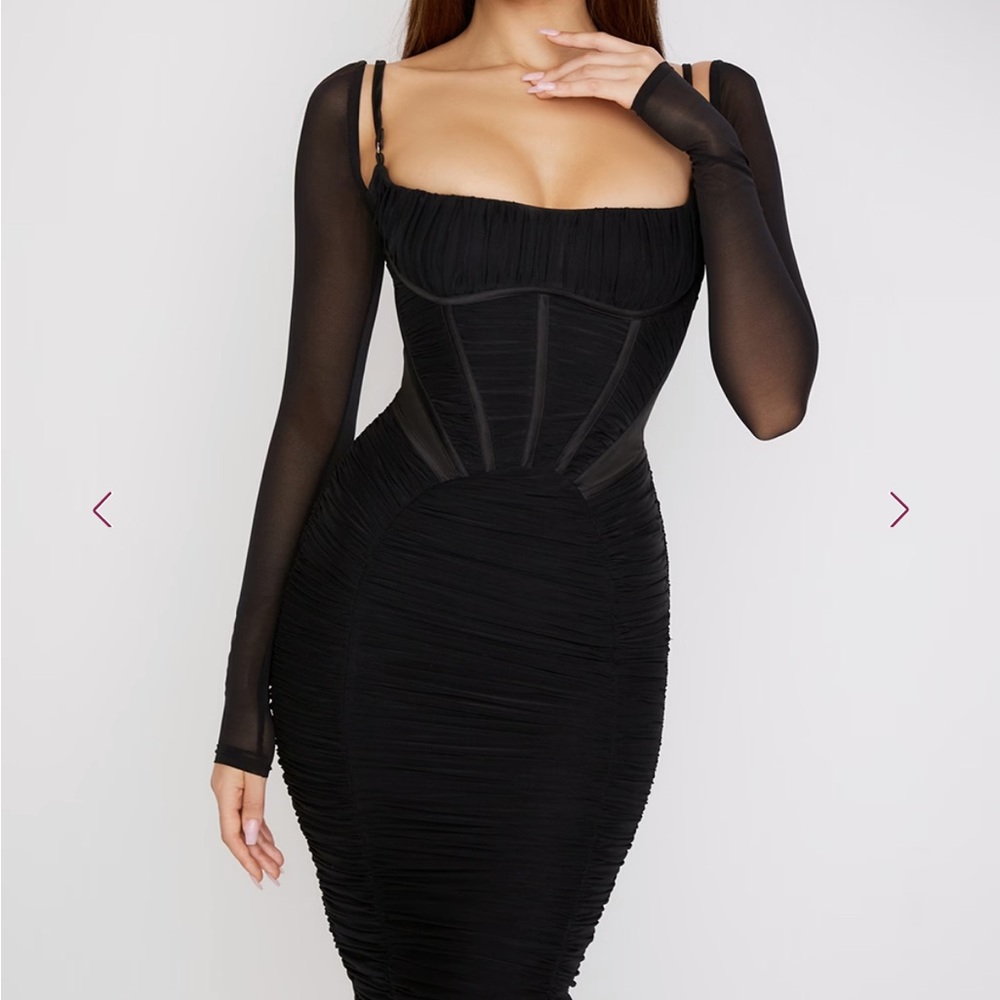 House of CB Black Ruched Corset Mesh Sleeve Midi Dress
